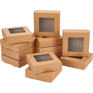24 Pcs Boîte Cadeau,Boîtes En Papier Pliées Boîtes À Bijoux À Biscuits Friandises Kraft Avec Fenêtre 6x6 Cm Pour Friandises De Fête Emballages De Boulangerie,10x10x3cm - Neuf
