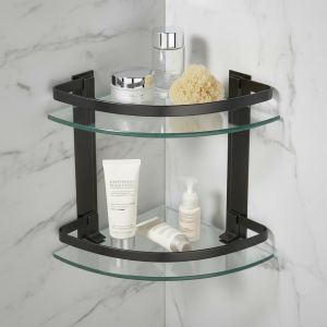 , &Eacute;tag&egrave;re d'angle pour Salle de Bain, Double &Eacute;tag&egrave;re en Verre Tremp&eacute; de 8 mm et Barre en Aluminium, Jusqu'&agrave; 5 kg par &Eacute;tag&egrave;re, 32,5x24x27,5 cm, Noir - Neuf