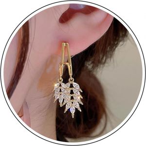 Kal-Boucles D'oreilles Pendantes Boh&egrave;mes En Forme De Feuille De Bl&eacute; Avec Strass En Cristal -Boucles D'oreilles Cr&eacute;oles Dor&eacute;es -Zircon Cubique -Feuilles De Bl&eacute; -Bijoux Pour Femmes Et Filles - Neuf