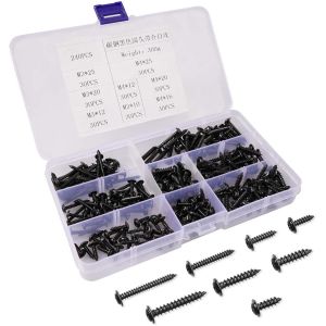 Lot de 240 vis auto-taraudeuses à tête cylindrique en acier au carbone M3 M4 - Noires - Auto-foreuses - Kit de vis à bois à tête ronde Phillips - Vis de fixation 10 mm/12 mm/16 mm/20 mm/25 mm - Neuf