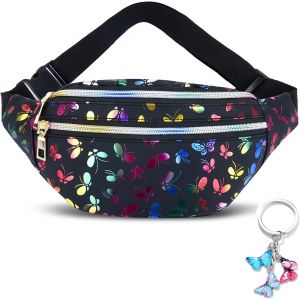 SJZG-Sac Banane Fille Sac Ceinture Femme Cuir Pu Sacoche De Ceinture Brillant Sacs Bananes Holographic Réflet Holographique Pochette De Voyage Bum Bag Le Noir, Ajouter 1 Un Porte Clés Papillon. - Neuf