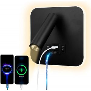 Led Lampe De Lecture Lampe Murale Usb Type - C Double Interrupteur De Bouche De Charge R&eacute;glable 12w Spot Led 3000k Lampe Murale Aluminium Lit Lumi&egrave;re Pivotante (Carr&eacute; Noir) - Neuf