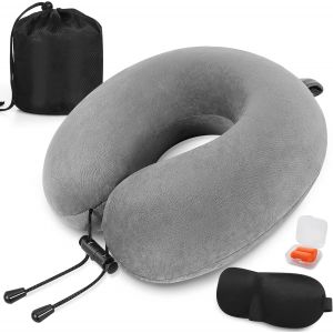 Trahoo-Oreiller De Voyage, Oreiller Cervical En Mousse À Mémoire De Forme, Coussin De Support Cervical Essentiel Pour Voyager, Sac De Transport Inclus, Bouchons D'oreille Et Masque De Sommeil - Neuf
