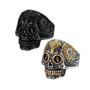 Bague Tête De Crâne En Gros Sucre Pour Homme Couleur Or Acier Inoxydable Noir Mexicain 3d Croix Harley Day Punk Gothique Bijoux - Neuf