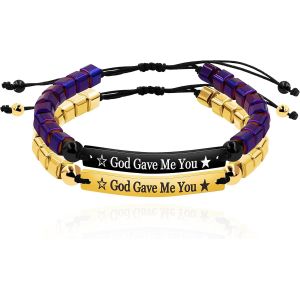 Kal-Y1452-3d Lot De 2 Bracelets En H&eacute;matite Avec Perles Grav&eacute;es God Gave Me You Pour Couples Et Amis Violet Dor&eacute;, 26 Cm, Pierre, H&eacute;matite - Neuf