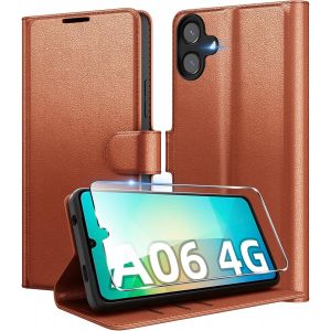 SJZG-Coque Pour Samsung Galaxy A06 4G En Premium Cuir Pu, Portefeuille Housse Etui Pour Cartes Protection Anti-Choc Flip Case Avec 1 Verre Tremp&eacute; Brun - Neuf