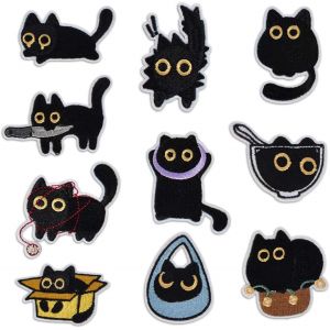 Kalanka-Lot De 10 &Eacute;cussons Brod&eacute;s En Forme De Chat Noir, Thermocollant Ecusson A Coudre,&Agrave; Coudre/Auto-Adh&eacute;sifs, Patchs De Broderie De Chat Noir Mignons &Eacute;cusson Pour V&ecirc;tements, Sacs &Agrave; Dos, Chapeaux - Neuf