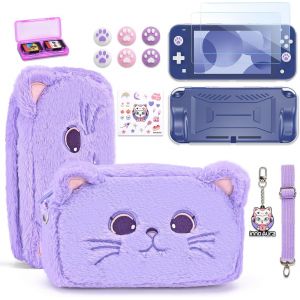 Kal-Étui Switch Lite,Pack D`Accessoires 14 En 1 Pour Switch Lite Avec Étui De Transport Mignon,Protecteur D`Écran Switch Lite,Étui De Jeu Switch,Bouchons Pour Les Pouces Switch (Chat Violet) - Neuf
