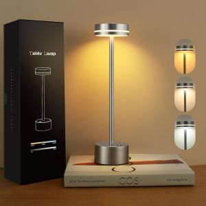 Lampe De Chevet Led Sans Fil Argent&eacute;,Lampe De Table Moderne En M&eacute;tal Avec &Eacute;clairage 3 Couleurs, Tactile Et Rechargeable Usb-C, Pour Chambre, Salon, Bureau Ou Table &Agrave; Manger - Neuf