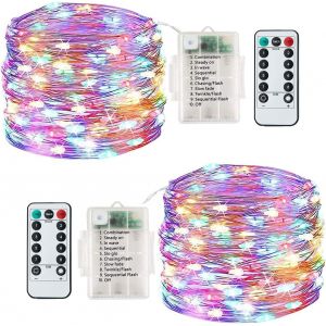 KAL-Lot De 2 Guirlandes Lumineuses À Piles, 13 M, 120 Led, Étanche, Avec Télécommande 8 Modes, Intérieur/Extérieur, Pour Jardin, Mariage, Fête, Festival, Décorations De Noël (Multicolore) - Neuf