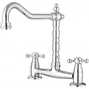 Robinet mitigeur traditionnel en céramique blanche avec poignées à levier montées sur le plateau monobloc classique 2 trous pour évier de cuisine chromé avec bec pivotant - Neuf