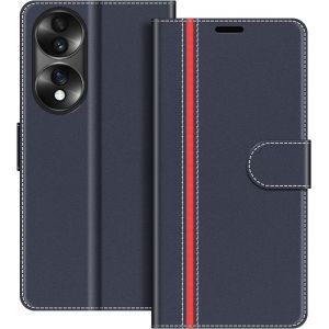 Kal-Coque En Cuir Pour Honor 70 5g, Étui Housse Pochette Fonction Stand Pour Honor 70 5g, Bleu Foncé/Rouge - Neuf