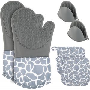 Lot De 6 Gants De Cuisine Avec Maniques,R&eacute;sistants &Agrave; La Chaleur Jusqu'&agrave; 230 &deg;C,Avec 2 Mini Gants En Silicone,2 Gants De Cuisson Et 2 Maniques,Durables,Pour Barbecue,Four,Cuisine,Gris - Neuf