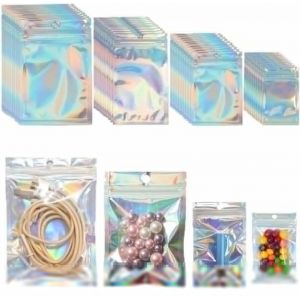 200 pièces Sacs holographiques,4 tailles de sacs étanches aux odeurs Sacs en Mylar pour le stockage des aliments Pochettes en papier d'aluminium Sachet refermable pour Emballage de bijoux - Neuf
