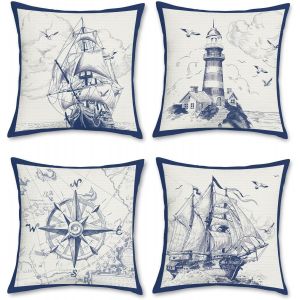 Cauc-Housse De Coussin Nautique Voilier Boussole 45 X 45 Cm Polyester Lin D&eacute;coratif Taie D'oreiller Pour Canap&eacute; Salon Chambre Chaise Jardin Maison D&eacute;coration 4 Pi&egrave;ces - Neuf