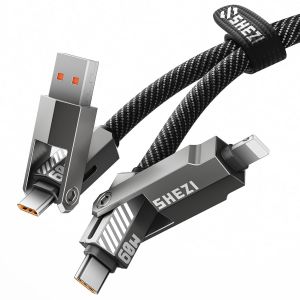 LORANKA-C&acirc;ble de charge USB C 4 en 1 60 W compatible avec c&acirc;ble d'&eacute;clairage, 1,5 m de long, synchronisation 480 Mbps, c&acirc;ble de charge universel plat en nylon avec Lighting/c&acirc;ble USB A/C, pour iPhone - Neuf