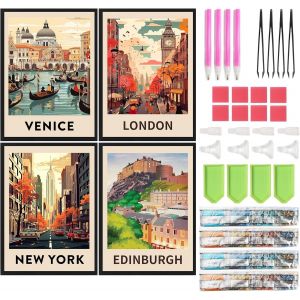 Ayuhr-Lot De 4 Posters De Peinture Diamant Ville 30 X 40 Cm Peinture Diamant Paysage Poster De Voyage Peinture Diamant Rétro Poster Diamant Peinture Art Broderie Point De Croix Images Cadeau - Neuf