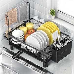 Égouttoir À Vaisselle, Egoutoire Vaisselle Cuisine, Organisateur De Cuisine, Support Pour Assiettes Bols Couverts Et Torchons, Matériau Antirouille, Drainage 360° Porte-Ustensiles Noir - Neuf