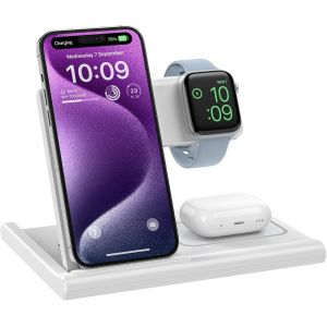 JGD-Station de Charge, Chargeur &agrave; Induction 3 en 1 Chargeur sans Fil Compatible avec iPhone 17/16/15/14/13/12 S&eacute;rie, Apple Watch 10/9/8/7/6/SE/5/4/3, AirPods 2/3/4/Pro-Blanc - Neuf