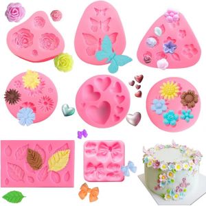 Jexnovashop-8 Pièces Fleur Gâteau Fondant Silicone Moules, Moule À Fondant Pour Fleurs, 3d Moules En Siliconeen Forme De Rose,Marguerite,C?ur,Papillon Et De Feuille,Pour Décoration De Gâteau,Chocolat - Neuf