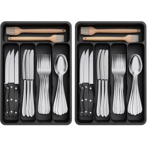 Senior-Range Couverts Pour Tiroir, Pack De 2, Organisateur Couverts Tiroir Cuisine Rangement Ustensiles Bac De Rangement Couvert Pour Cuill&egrave;res Fourchettes Couteaux, 5 Compartiments, Noir[L1220] - Neuf