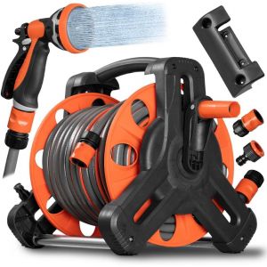 Ulteronixshop-Enrouleur de tuyau de 30 m&egrave;tres r&eacute;sistant en PVC, enrouleur mural &agrave; encombrement r&eacute;duit et pistolet avec 10 fonctions, lance avec diff&eacute;rents jets d'eau, support de jardin, porte-tatouag - Neuf