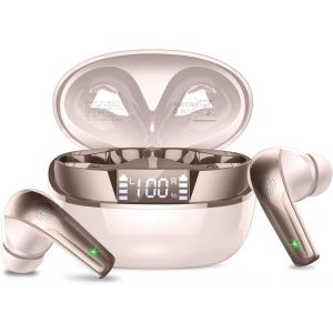 NAERYUTER-Ecouteurs Bluetooth Sans Fil,Ecouteurs Bluetooth 5.4 Stéréo Avec Enc Réduction De Bruit Mic,48H De Lecture Mini Oreillette Sans Fil Avec Écran Led,Ip7 Étanches Casque,Or Rose Clair - Neuf