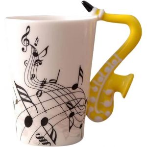 Tasse En C&eacute;ramique Avec Motif Musical - Anse En Saxophone - Porcelaine Amusante - Caf&eacute;/Th&eacute; - Cadeau Pour Amis Et Coll&egrave;gues (Jaune) - Neuf