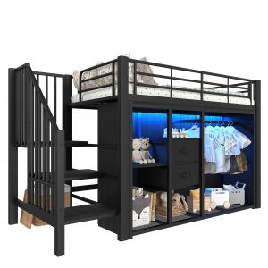 Lit Enfant 90 x 200 cm,Demi-Hauteur avec Rangement,2 tiroirs,Cadre Fer & MDF, LED Multicolore,Noir - Neuf