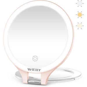 Kal-Miroir Maquillage, 10x/1x Miroir Grossissant Lumineux, Double Face Miroir De Voyage, Avec 3 Lumières De Couleur, Contrôle Tactile, Rechargeable Portable Miroir Pour Chambre (Rose) - Neuf