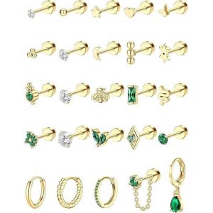 25 Pcs Boucles D'oreilles Femme Acier Inoxydable Creoles Plaquées Or 14k Boucles D'oreille Serpent Papillon Vert Émeraude Cz Or/Argent Piercing Oreille - Neuf