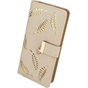 Porte - Monnaie Femme Avec Feuille Creuse, Long Portefeuille En Cuir Pu Pour Femme Avec Plusieurs Fentes Pour Cartes, Double Portefeuille Pliant, Porte - Monnaie Avec Fermeture (Beige) - Neuf