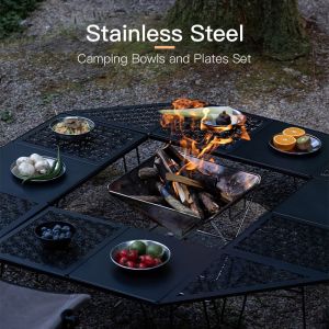 Ensemble D'assiettes Et De Bols En Acier Inoxydable, 8 PièCes, Vaisselle De Camping Avec Sac De Transport Pour Camping En Plein Air, RandonnéE, Pique-Nique - Neuf