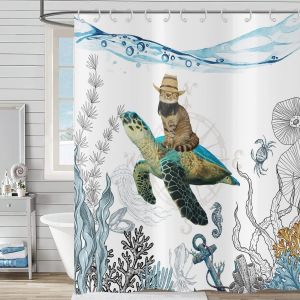 UAA-Rideau de Douche Drôle 180x180, Mignon Chat Cow-Boy Chevauchant Tortue de Mer - Paysage Sous-Marin océan, Récif Corallien, Animal Marin - Pour Enfants, Tissu Imperméable - Neuf