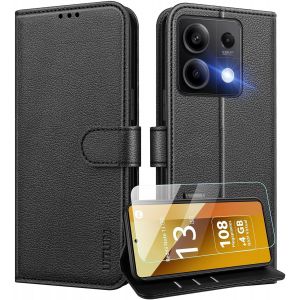 KAL-Coque Pour Xiaomi Redmi Note 13 5G (Pas Pour 4G) Coque Etui Portefeuille Cuir Avec Verre Tremp&eacute; Protection &Eacute;cran Porte Carte Rabat Clapet Pochette Flip Case &Eacute;tui Cover Housse Etui,Noir - Neuf