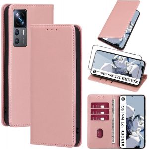 KALANKA-Coque Cuir pour Xiaomi 12T Pro 5G 6.67"" avec 1 Verre Tremp&eacute; Etui &agrave; Rabat en PU Porte-Cartes Portefeuille Support Flip Housse Magn&eacute;tique Antichoc Anti-Rayures Case,Rose_Gold - Neuf