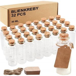 Mevronisshop-32 X Fiole En Verre, 40ml Petite Fiole En Verre Avec Bouchon, Contenant Drag&eacute;es Bapt&ecirc;me, Cadeau Mariage F&ecirc;te D&eacute;coration, Mini Bocaux Bouchon Avec Li&egrave;ge, Carte, Ficelle - Neuf