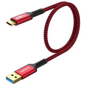 TRAHOO-USB C C&acirc;ble, USB 3.0 USB-A vers USB-C 10 Gbit/s C&acirc;ble en Nylon Tress&eacute; de Type-C Compatible avec iPhone 17/16/15 Pro Max, Galaxy S24 S23 S22, Android Auto - Rouge, 0.5m, 1Paquet - Neuf