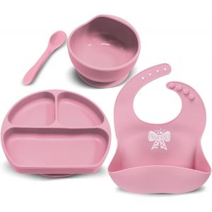 Kal-Lot De 4 Set Vaisselle Silicone Repas B&eacute;b&eacute;, Assiette Ventouse Pour B&eacute;b&eacute;, Bol Ventouse Pour Enfant, Bavoir Imperm&eacute;able, Cuill&egrave;re D`Apprentissage, Sans Bpa, Passe Lave Et Micro Onde (Rose) - Neuf