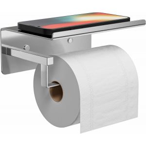 CAUC-Porte Rouleau Papier Toilette Mural avec Etag&egrave;re, Adh&eacute;sif pour Salle de Bain, sans Percage Derouleur Papier Toilette WC -Argent - Neuf