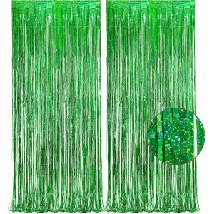 CAUC-Rideau Anniversaire Vert Paillette - Serpentins Paillette M&eacute;tallique Frange Anniversaire Fond Photo F&ecirc;te Decoration pour Minecrafs Dinosaure Tropical Jungle Hawaienne Saint Patrick Foot F&ecirc;te - Neuf