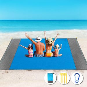 Wqd-Tapis De Plage Imperm&eacute;able, Natte De Plage Xxl Serviette De Plage Anti Sable 210x200 Cm, Plage Accessoirenappe Pique Nique Portable Tapis Plage Pour Plage, Picnic, Voyage, Camping (Bleu/Gris) - Neuf