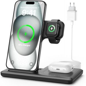 Wireless Induction Charger ¿ 3 In 1 15w Wireless Charge Magsafe Station For Iphone 16 15 14 13 12 11 Pro Max Plus, Watch Ultra 10 9 8 7 6 5 4 3, Earbuds Pro 4 3, With 20w Plug And 1m Cable - Neuf