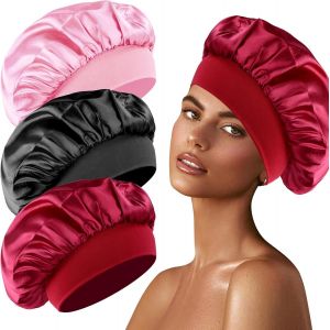 JGD-Lot de 3 bonnets de sommeil en soie pour dormir - En soie - Satin - Protection des cheveux - Pour dormir - Pour la nuit (noir, rose, rouge) - Neuf