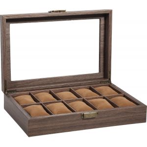 Kal-Boîte À Montres Avec 10 Compartiments, Écrin À Montres Pour Hommes, Vitrine De Montres, Boîte De Rangement Pour Montres Avec Coussin Amovible, Grain De Bois - Neuf