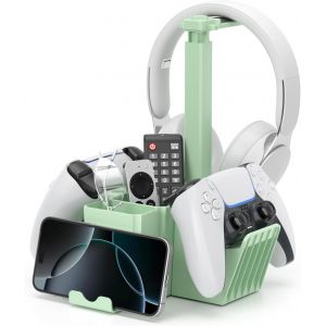 Support Manette Double avec Support T&eacute;l&eacute;phone, Support Casque Gamer Universel avec Bo&icirc;te de Rangement, Porte Manette PS5 Multifonctionnelle, Organisateur de Bureau pour PS4 Xbox One Vert - Neuf