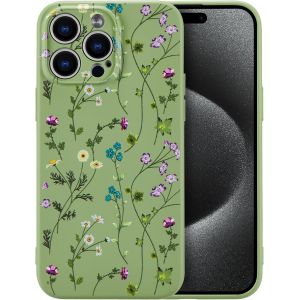 Brs-Fleurs Coque Pour Iphone 15 Pro Max Coque, Liquid Silicone Coque Protection Bumper Anti-Chocs Coque Cover Mignonne Fleur Housse Etui Souple Pour Iphone 15 Pro Max 6,7 Pouces, Vert - Neuf