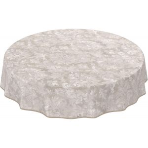 Nappe en toile cirée lavable pour le jardin, de forme ronde, ovale ou rectangulaire, pour l`intérieur et l`extérieur, motif baroque vrillé, beige-gris clair, ronde, 120 cm, avec ourlet, bordure - Neuf