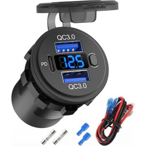 Prise USB 12 Volts Double Port QC 3.0 et Prise Chargeur USB C PD3.0 pour Voiture,Kit de Remplacement de Prise Allume-Cigarette 12V &eacute;tanche avec Voltm&egrave;tre et Interrupteur pour Voiture,Bateau,Camion - Neuf