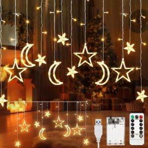 KAL-Rideau Lumineux Ramadan 3,5M Étoile Lune Guirlande Lumineuse Ramadan Usb/Pile, 8 Modes Guirlande Rideau Lumineuse Avec Minuterie Et Télécommande Pour Deco Interieur Exterieur Fenetre, Chambre - Neuf